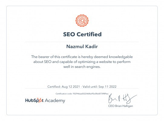 Nazmul Kadir Achieved SEO Certificate